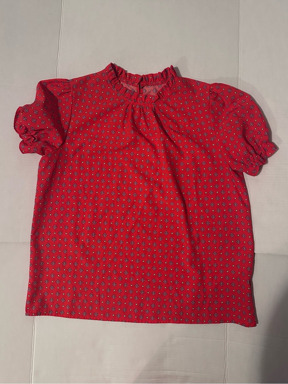 SHEIN Red Puff Sleeve Blouse with Mini Geometric Print